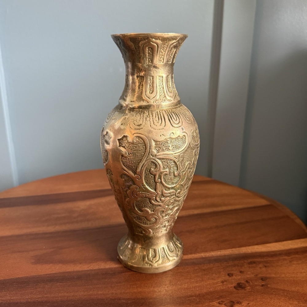 Heavy Cast Brass Asian Inspired Sculptural Vase Form Open Bottom 9" - Picture 9 of 13